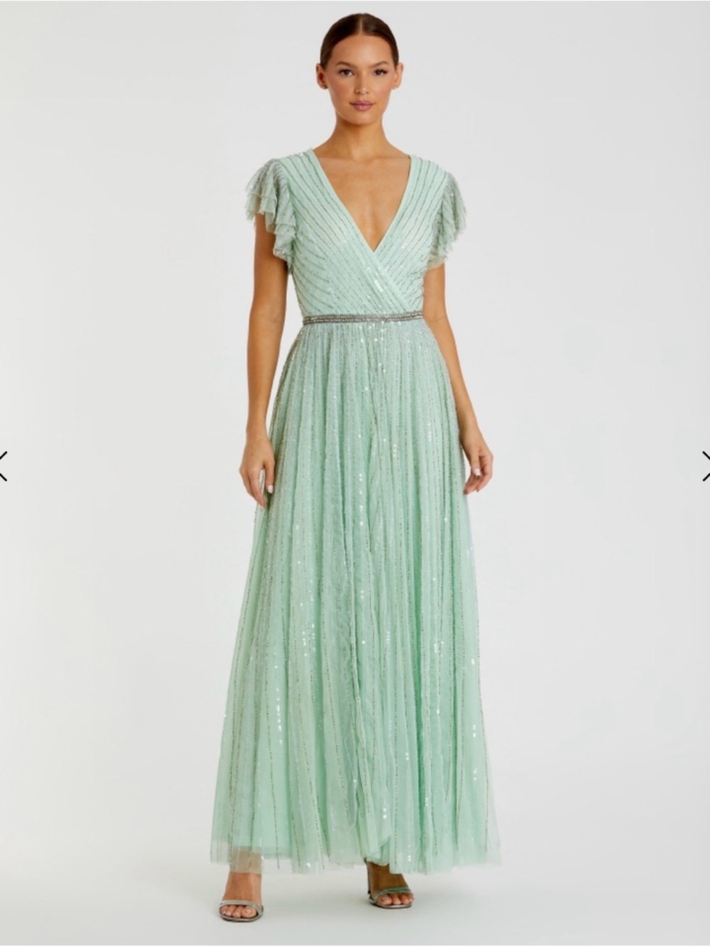 Mac Duggal Mint Green Sequin Tulle V-Neck Evening Gown